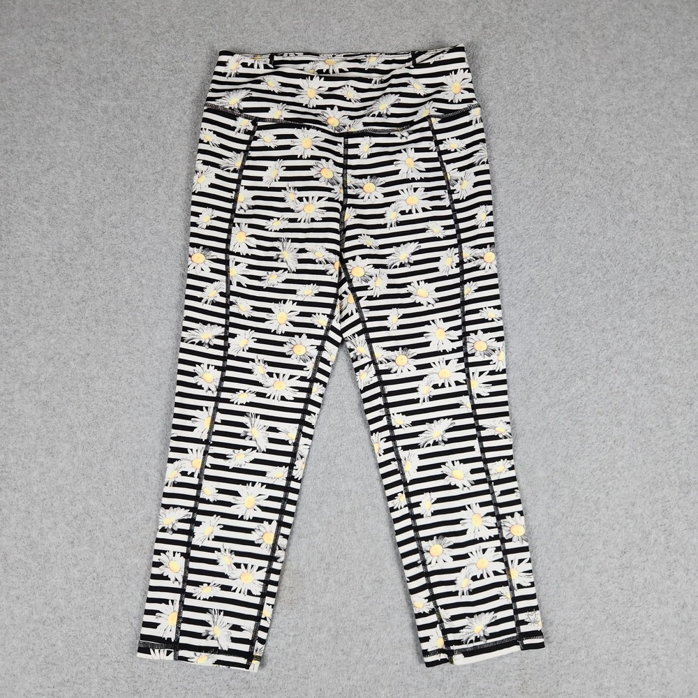 Betsey Johnson Leggings Womens S Black Daisy Stripe Performance Cropped Floral